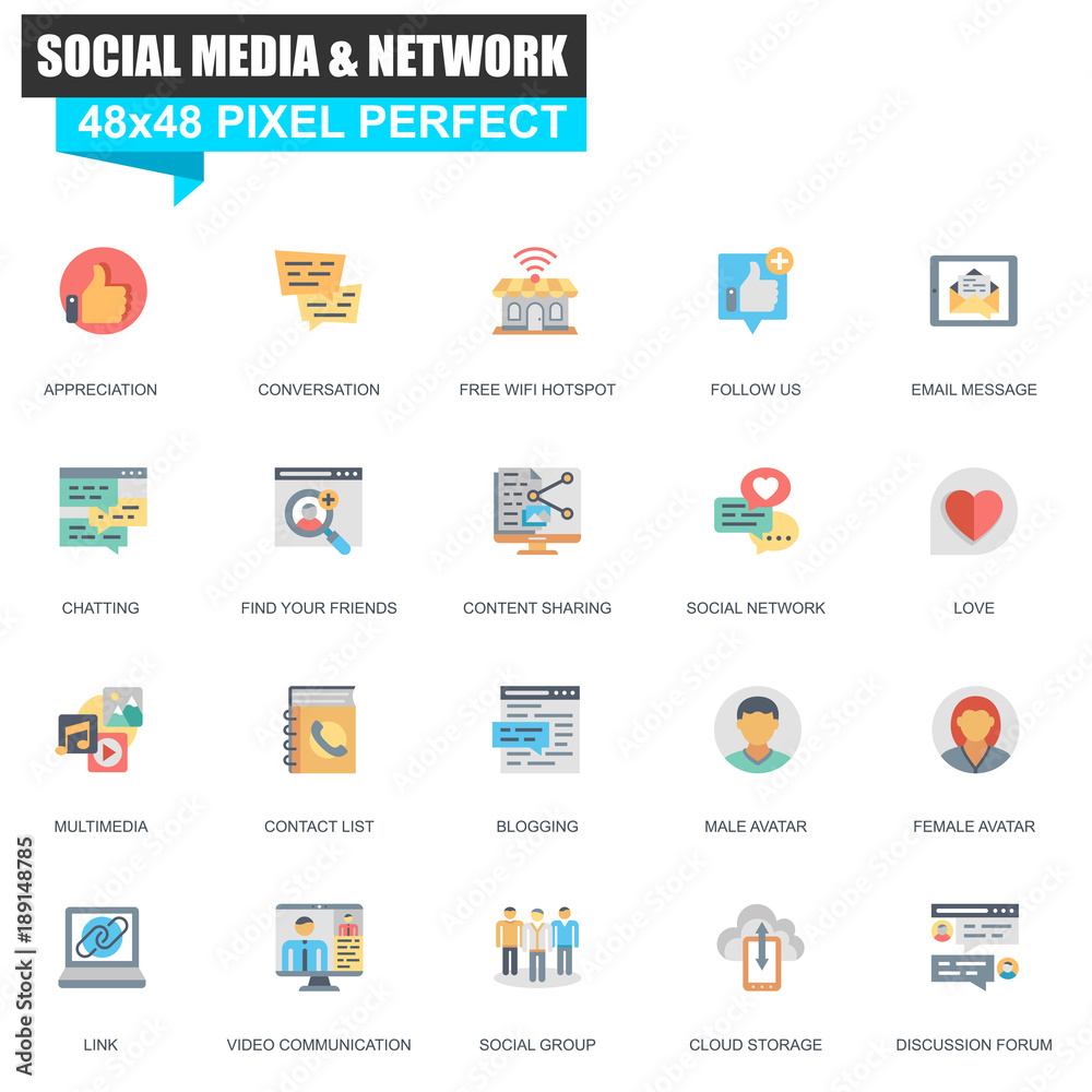 Modern flat social media and network icons set for website and mobile site and apps. Contains such Icons as Follow, Multimedia, Conversation. 48x48 Pixel Perfect. Editable Stroke. Vector illustration.