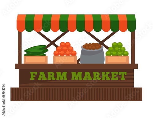 Farm market fruit or vegetable vendor booth stall vector flat design isolated icon
