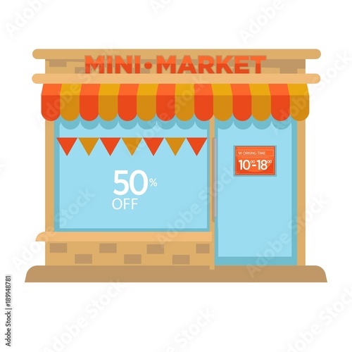 Mini market shop booth facade building of grocery store vector flat design isolated icon