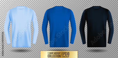 Three shades of light, normal and dark blue long sleeve t-shirt. Vector mock up.