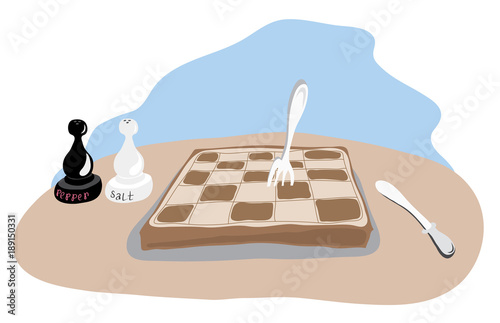 end of the meal/ salt and pepper in the form of pawns next to the chessboard and cutlery 