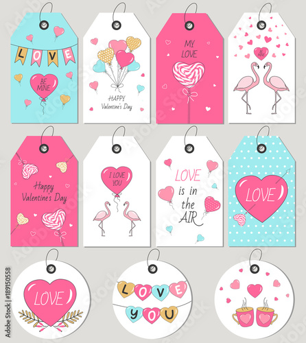 Valentine's Day gift tags and cards. Hand drawn design elements. Vector illustration