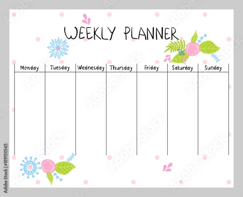 Hand drawing vector weekly planner with flowers.
