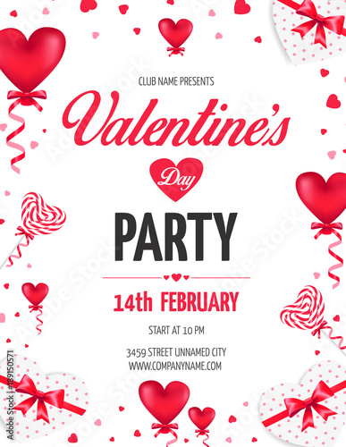 Valentine's Day Day party flyer with red heart shaped ballons and lollipops. Vector illustration.
