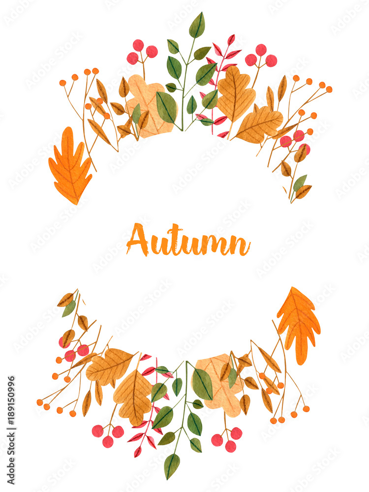 Watercolor simple autumn leaves and branches floral frame, hand painted on a white background