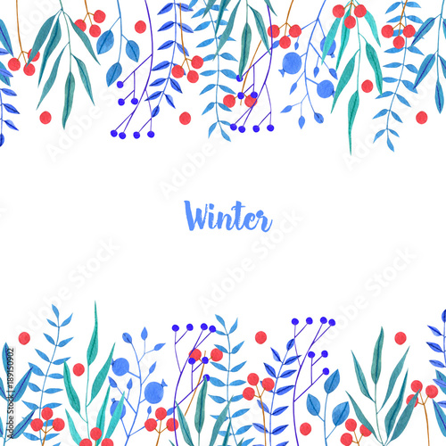 Watercolor simple blue branches and red berries winter card template, hand painted on a white background