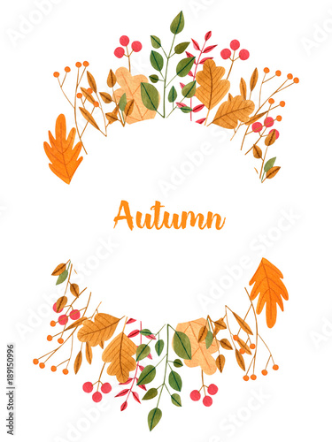 Watercolor simple autumn leaves and branches floral frame  hand painted on a white background