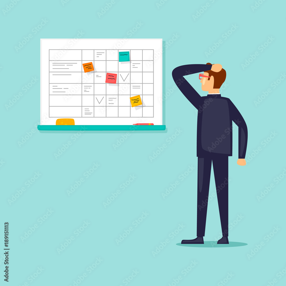 Businessman planning to work on the blackboard. Flat vector illustration in cartoon style. Businessman planning to work on the blackboard. Flat vector illustration in cartoon style.