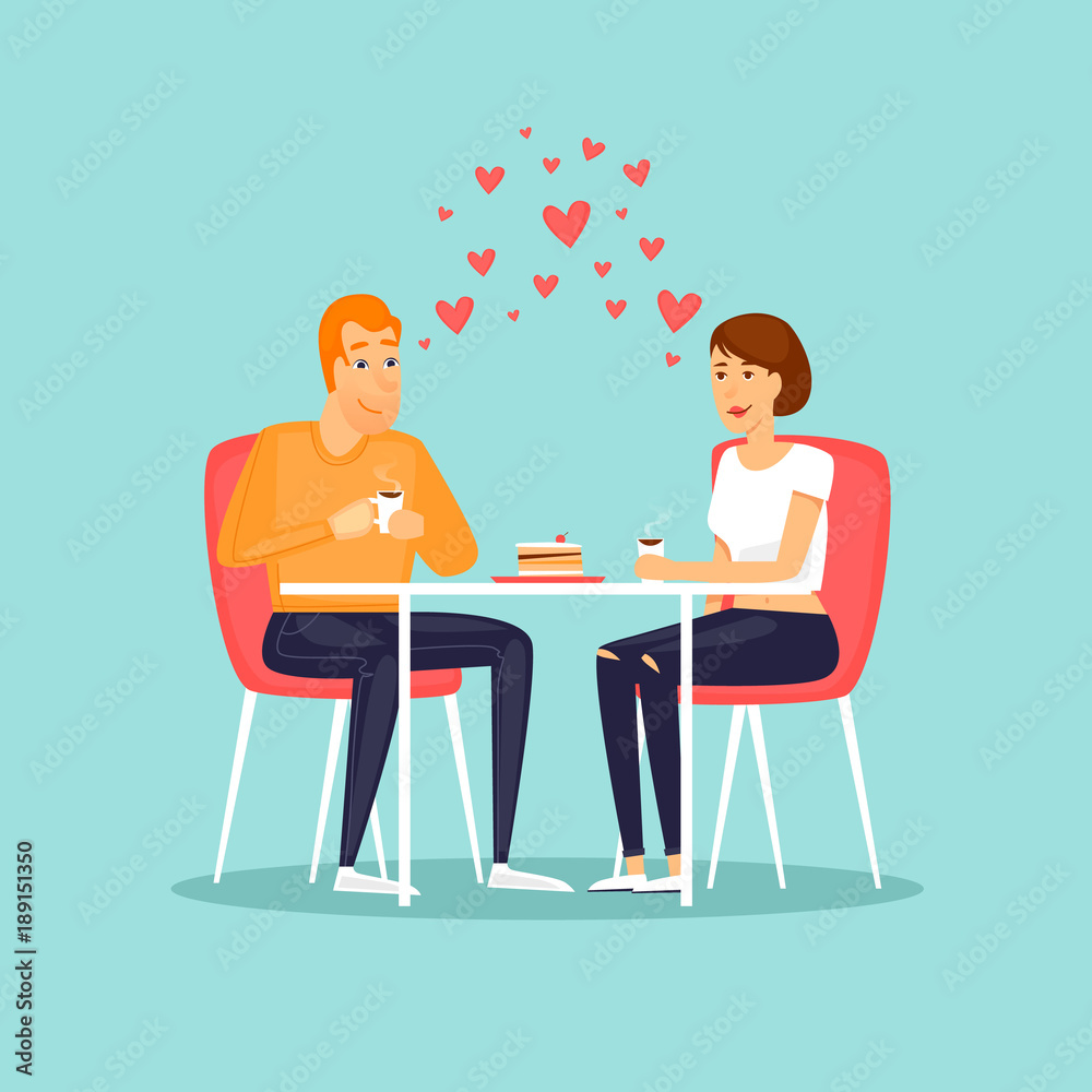 February 14. Lovers in a cafe eating a cake. Flat vector illustration in cartoon style. 