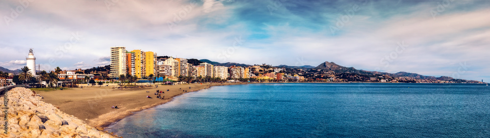 Panoramic view of Malagueta beach in Malaga. Andalusia, Spain