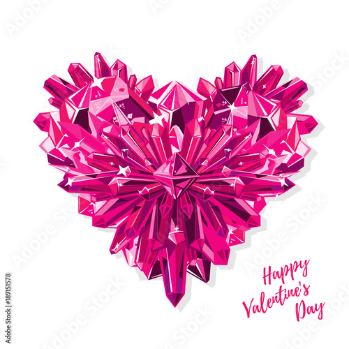 Greeting card for Valentines day. Purple heart with crystals. Realistic vector isolated on white. photo