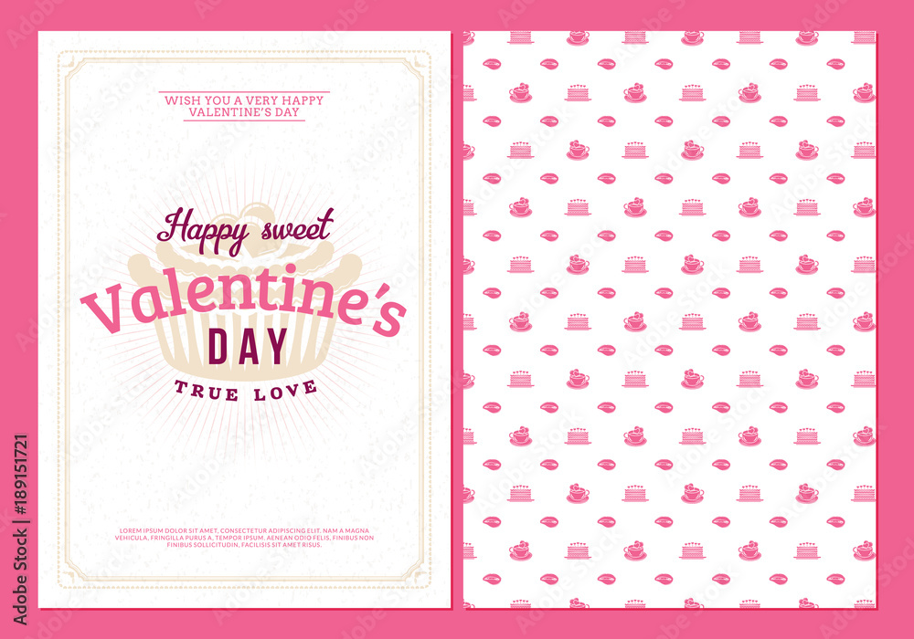 Happy Valentines Day typography greeting card. Vector design double sided template with seamless background and romantic signs