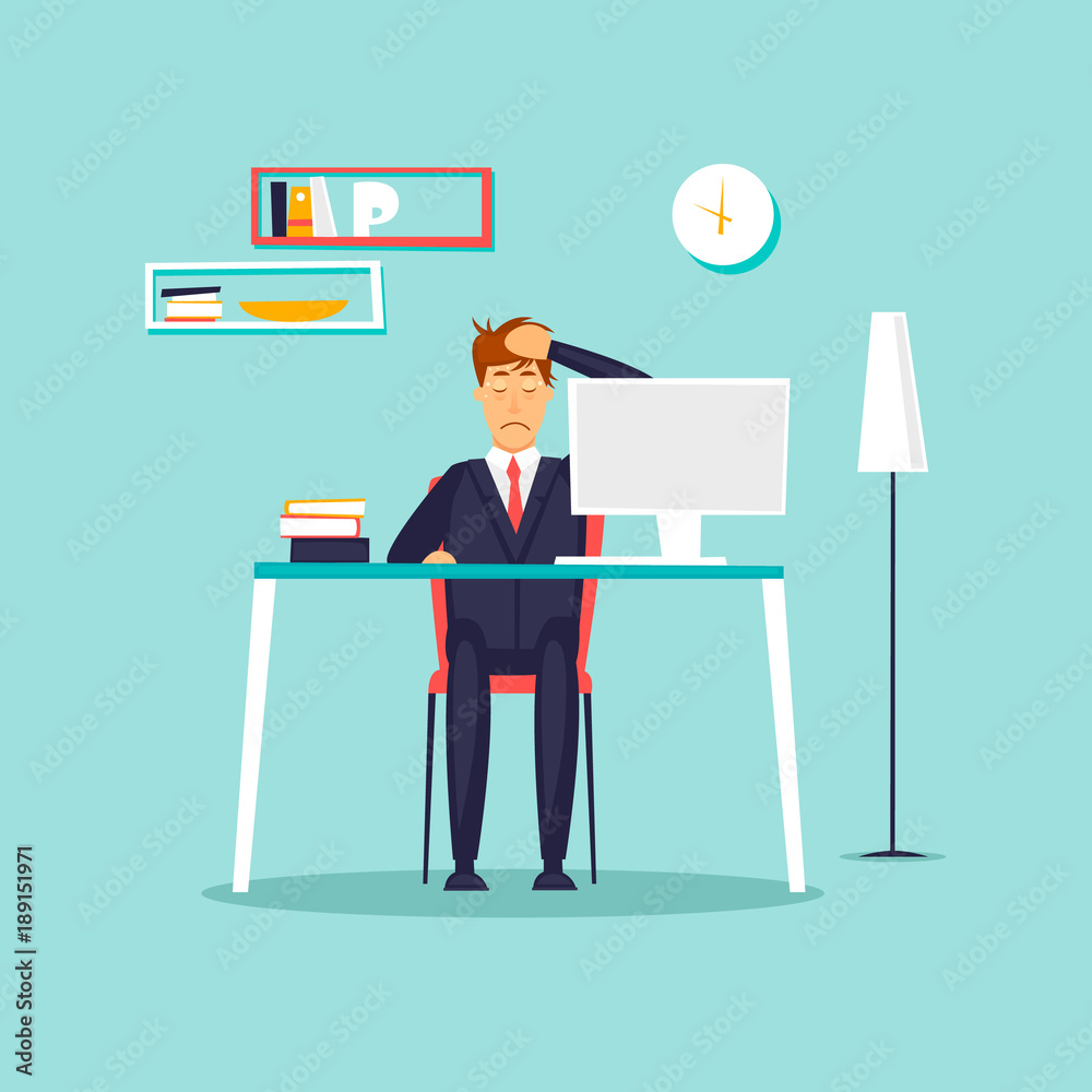 Headache. Businessman working in the office. Flat vector illustration in cartoon style. Headache. Businessman working in the office. Flat vector illustration in cartoon style.