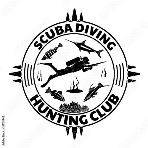 Grunge vintage diving label design with fishes and diver man in full equipment with spear fishing gun. Vector illustration.
