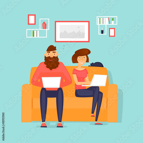 Couple working at home, freelancing, business, office. Flat vector illustration in cartoon style.