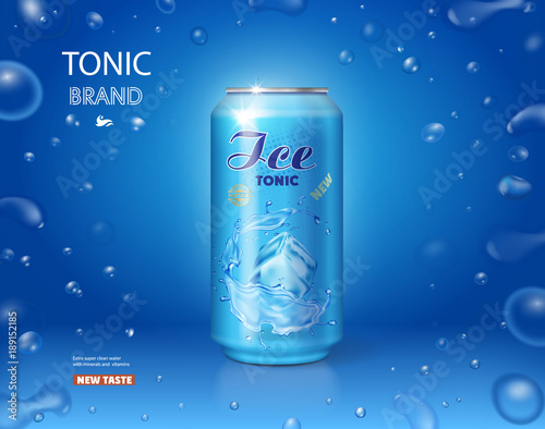 Ice drink metallic can. Tonic advertising on blue background 3d