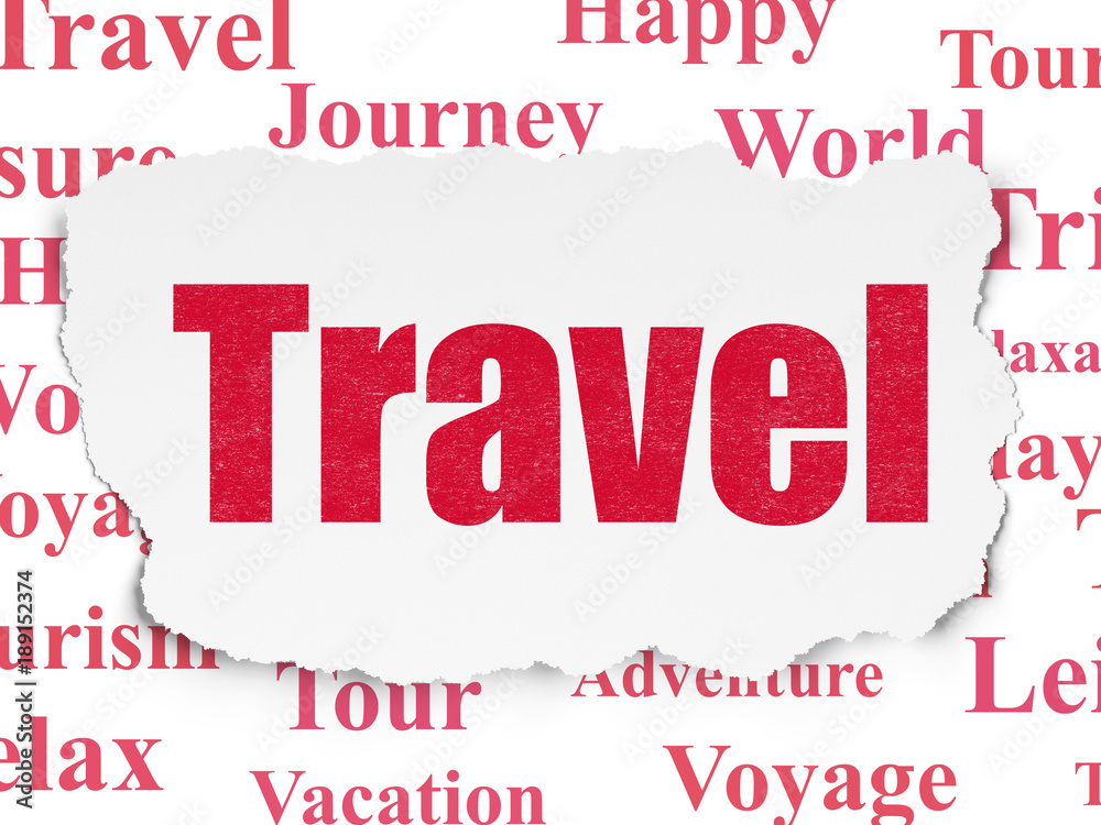 Vacation concept: Painted red text Travel on Torn Paper background with  Tag Cloud