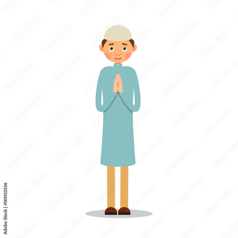 Muslim prayer. Muslim, Islamic man stand and pray. Male muslim praying. Performance of Muslim prayer by man with raised hands. Illustration in flat style. Isolated Muslim prayer. Muslim, Islamic man stand and pray. Male muslim praying. Performance of Muslim prayer by man with raised hands. Illustration in flat style. Isolated