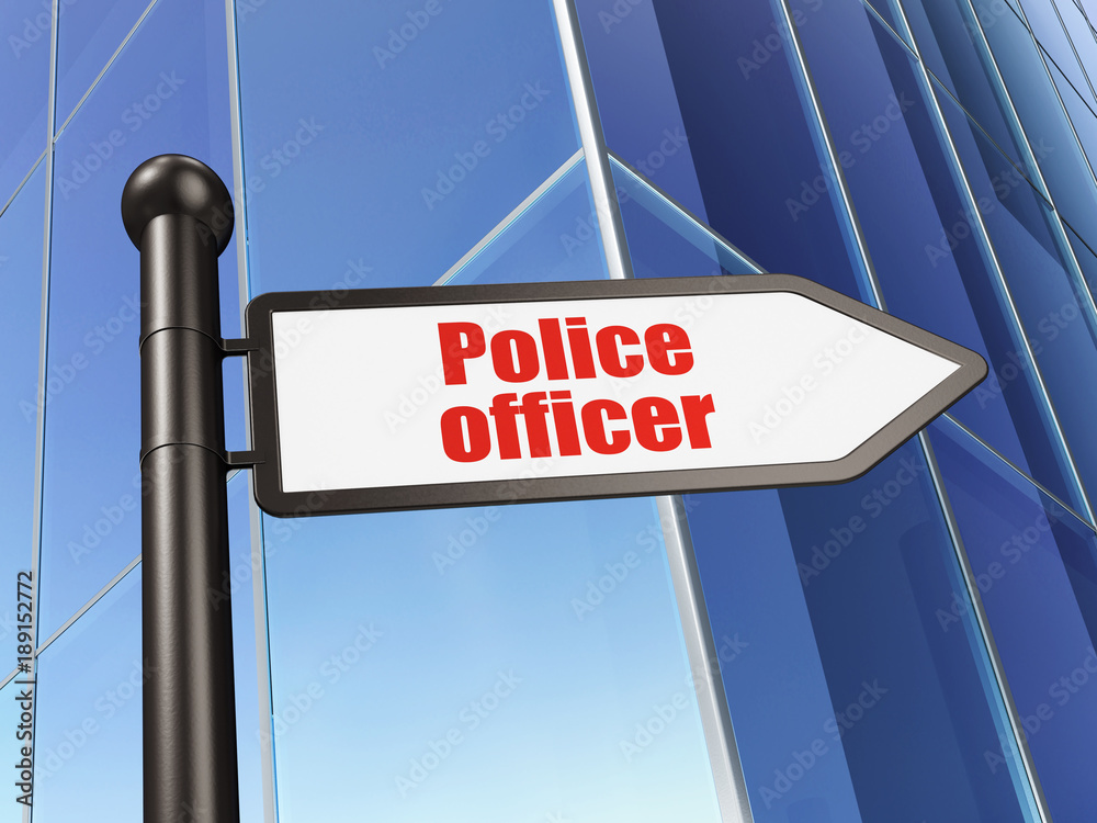 Law concept: sign Police Officer on Building background, 3D rendering Law concept: sign Police Officer on Building background, 3D rendering
