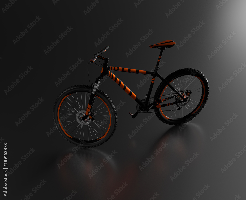Black reflecting floor with a Left Side of an Orange and Black Mountain Bike