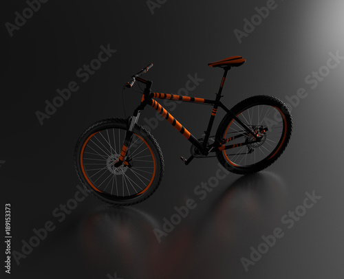 Black reflecting floor with a Left Side of an Orange and Black Mountain Bike