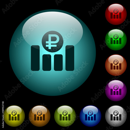 Ruble financial graph icons in color illuminated glass buttons