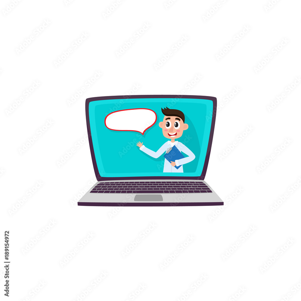 Hospital website, help service page on laptop screen with doctor and speech  bubble, cartoon vector illustration isolated on white background. Male  doctor talking on laptop screen with place for text Stock Vector |