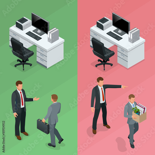Isometric businessman is hired in an office and employee is fired from his job concept. Vector illustration