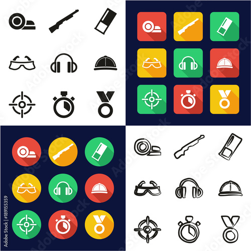 Clay Shooting All in One Icons Black & White Color Flat Design Freehand Set