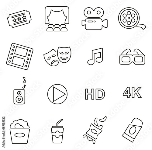 Cinema or Movie Theater Icons Thin Line Vector Illustration Set