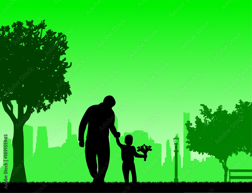 Father walks with a son with flowers in the park, one in the series of similar images silhouette