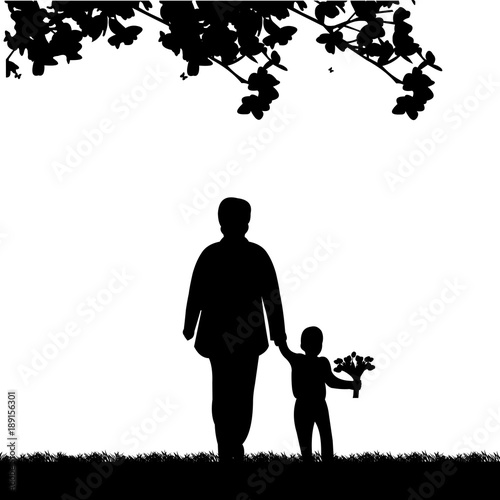 Grandma walks with a grandson with flowers in the park, one in the series of similar images silhouette