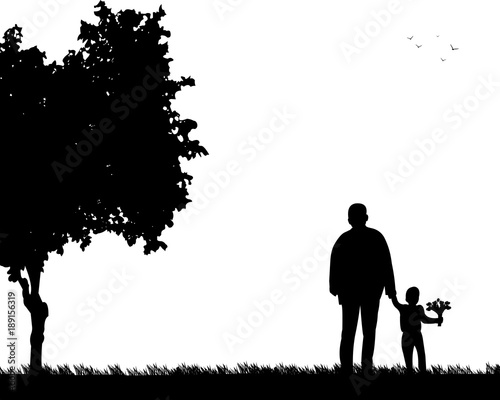 Grandpa walks with a grandson with flowers in the park, one in the series of similar images silhouette