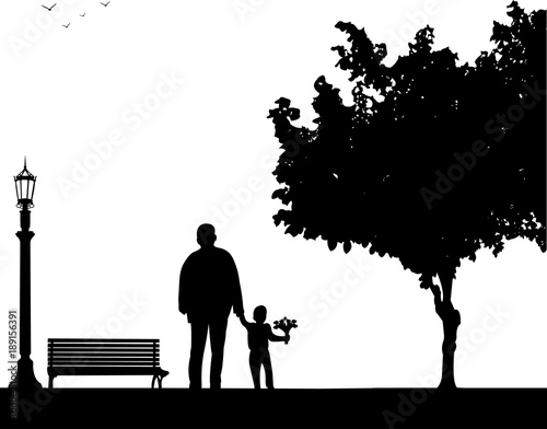 Grandpa walks with a grandson with flowers in the park, one in the series of similar images silhouette