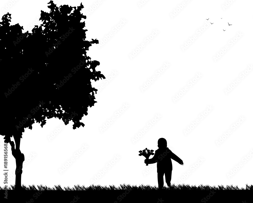A boy running with a tulip bouquet in the park silhouette, one in the series of similar images A boy running with a tulip bouquet in the park silhouette, one in the series of similar images