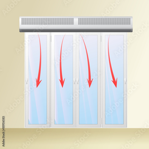 Air curtain over the glass door. The hot stream is blowing on the glass. Vector illustration.