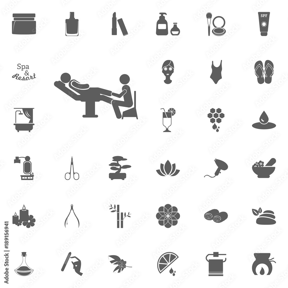 Pedicure icon. Spa and Recreation vector set icons. Set of 33 spa icons. Pedicure icon. Spa and Recreation vector set icons. Set of 33 spa icons.