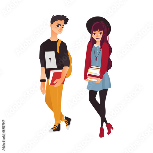 Vector cartoon young teen students set. Girl, boy in modern casual  clothing, hat, dress, jeans, holding books, backpack smiling. Female, male  university, college characters. Isolated illustration Stock Vector | Adobe  Stock