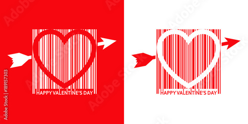 Icono plano codigo de barras HAPPY VALENTINES DAY con corazon rojo y blanco