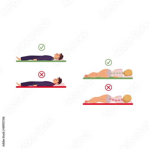 Incorrect, correct neck, spine alignment of young cartoon man, woman character sleeping with back, side sleeping posture. Back, spine care in sleeping positions concept. Vector isolated illustration