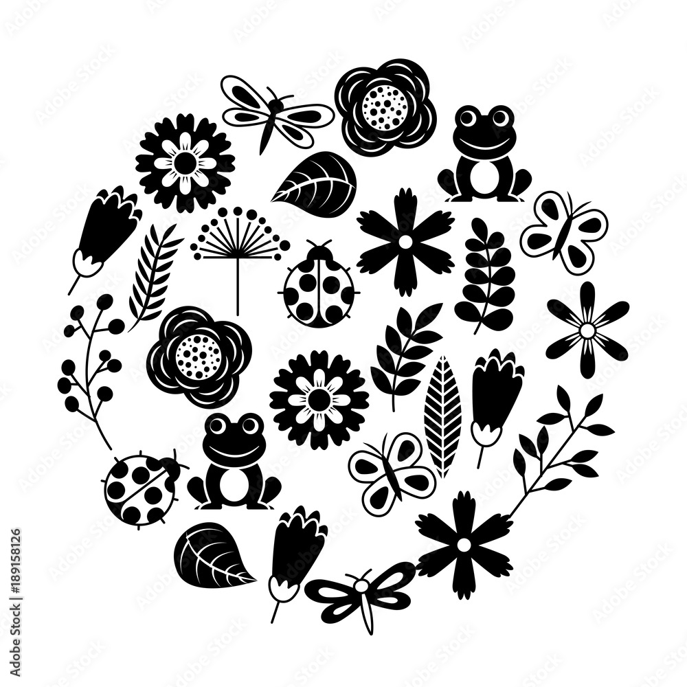 set of spring theme nature flowers love birds butterflies ladybugs frog dragonfly vector illustration