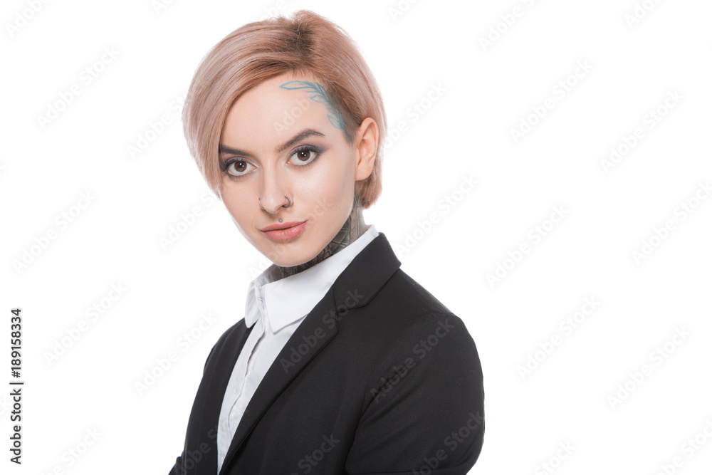 stylish businesswoman with pink hair posing in formal wear, isolated on white stylish businesswoman with pink hair posing in formal wear, isolated on white