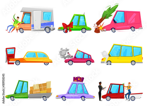 Cartoon car accident vector comic minicar and broken vehicle after automobile accident with pedestrian character and minivan or auto with trailers set illustration isolated on white background