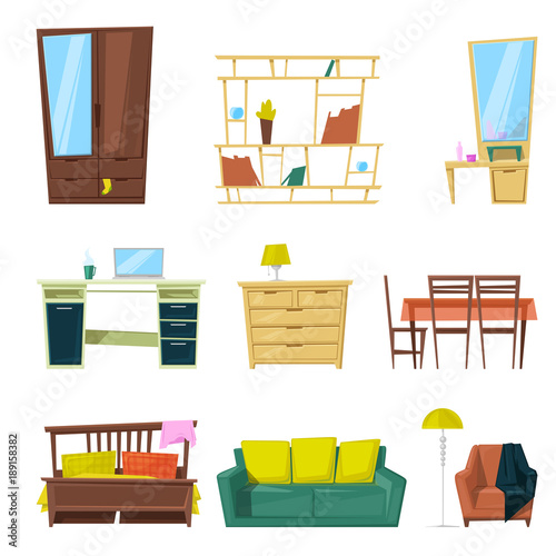 Furniture vector furnishings design of sofa couch and bed in furnished interior or armchair and chair for decoration in apartment or to furnish room set illustration isolated on white background