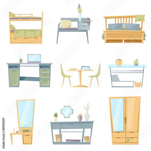 Furniture vector furnishings design of couch and bed in furnished interior or table with chair for decoration in apartment or to furnish room set illustration isolated on white background