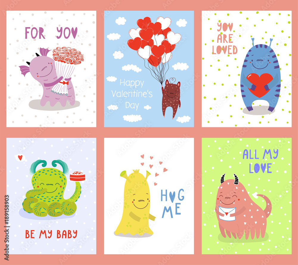 Set of hand drawn Valentines day greeting cards templates with cute funny  cartoon alien monsters and romantic quotes, flat style. Ready to use.  Design concept for children. Vector illustration. Stock Vector |