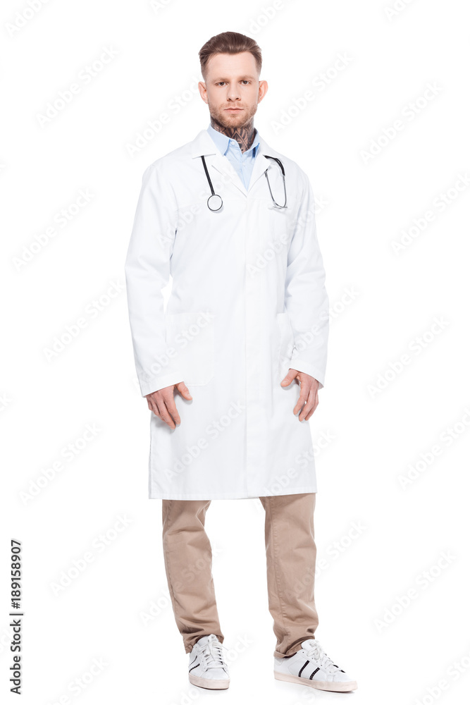 handsome professional doctor in white coat with stethoscope, isolated on white handsome professional doctor in white coat with stethoscope, isolated on white