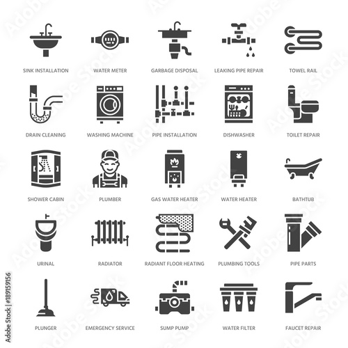 Plumbing service vector flat glyph icons. House bathroom equipment, faucet, toilet, pipeline, washing machine, dishwasher. Plumber repair illustration, solid signs for handyman services.