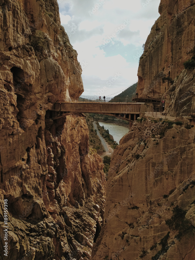 Fototapeta premium Wide angle view of 'El Caminito del Rey' King's Little Path footpath, one of the most Dangerous in the world, reopened in 2015. Malaga, Spain