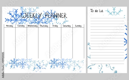 Hand drawing vector weekly planner with snowflakes.